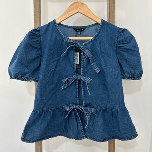 Sim & Sam Denim Tie Bow Front Peplum Top Puff Sleeves Coquette Size XS NWT